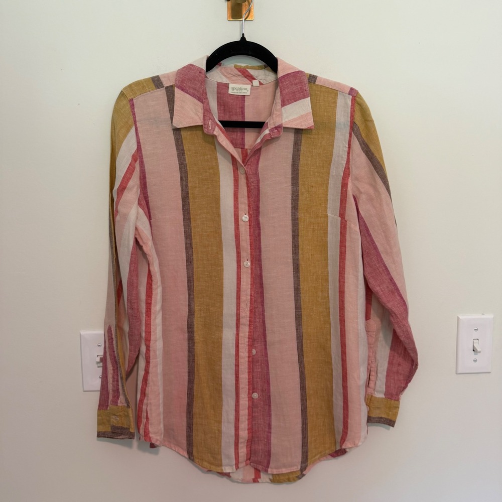 Spartina 449 Womens‎ Medium Pink Yellow Striped Linen Blend Button Down Shirt